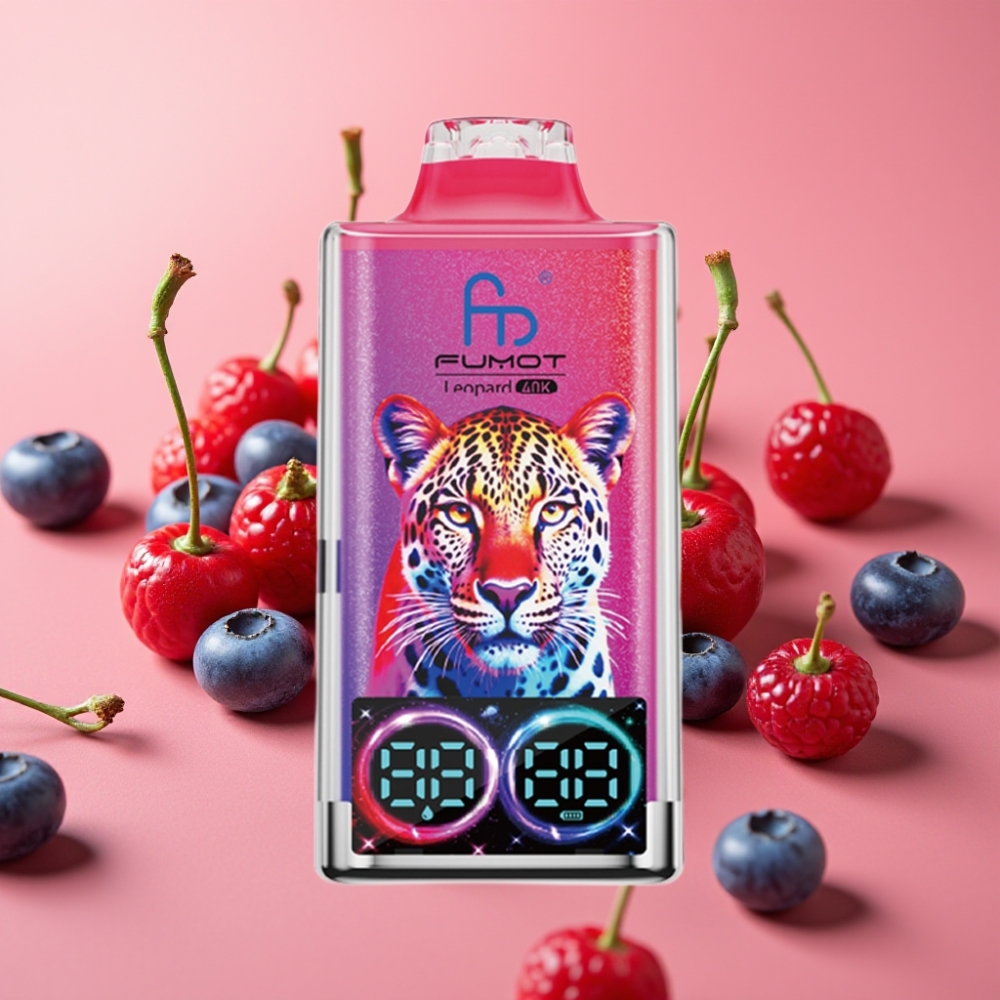 Fumot Leopard 40K Puff Enkratni Vape z 0-5% Nikotina, 700mAh, Dual Mesh, Type-C, Digitalni Display, Okus Borovnica Češnja Brusnica