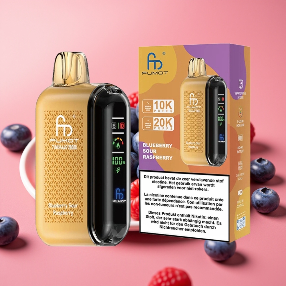 Fumot Tornado 20000 Puffov Enkratni Vape Borovnica Kisla Malina Dual Mesh Coil 20ml 850mAh