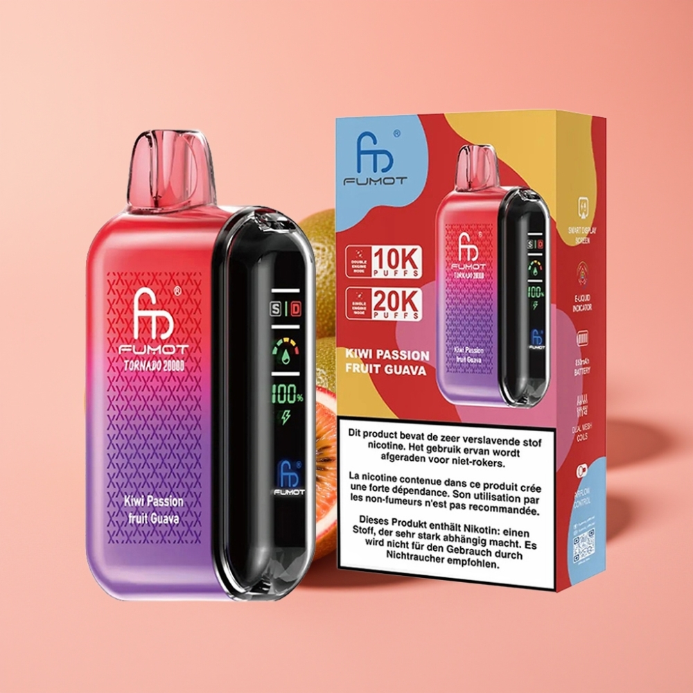 Fumot Tornado 20000 Puffs Dual Mesh Coil 20ml 850mAh Smart Display Airflow 2% Nicotine Kiwi Passion Fruit Guava